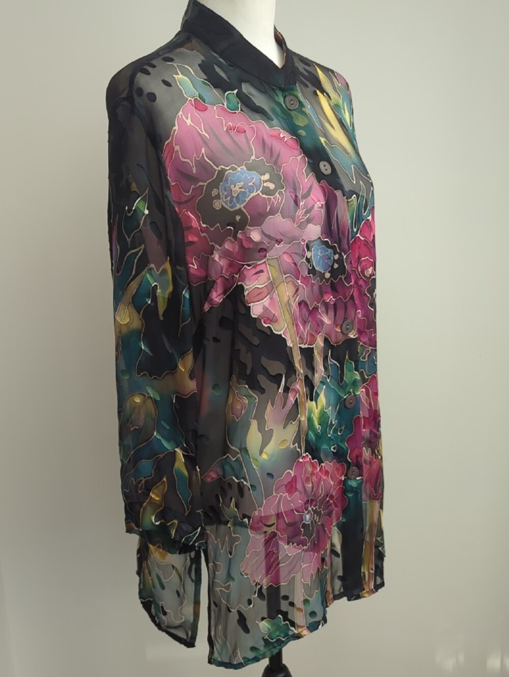 Vintage Simply Silk 90s Boho Floral Burnout Tunic Button Down Top XL